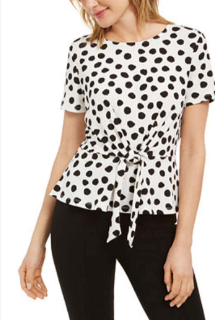 Anne Klein Black and White Polka Dot Tie Front Blouse Size S 4-8